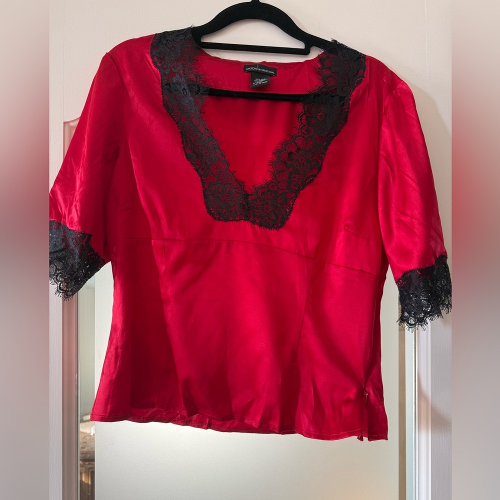 Moda International Red Blouse with Black Lace